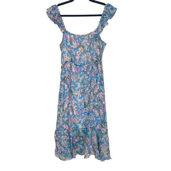 Socialite M Blue Purple Floral Ruffled Midi Dress Sleeveless Split Front Scoop - Picture 2 of 12